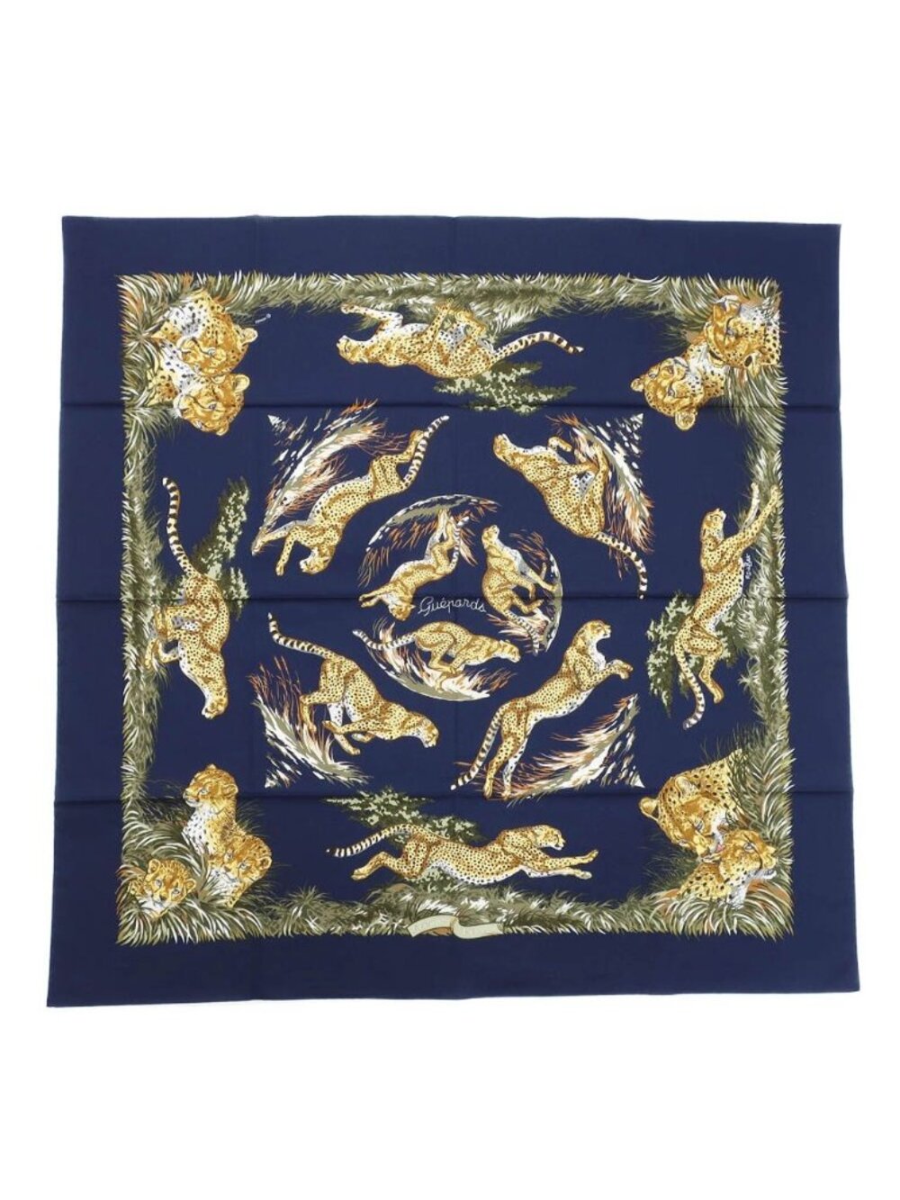 Hermes Carre 80 Cheetah Scarf Cotton Blue Marine Gold Khaki Navy